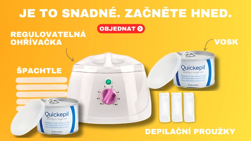 Depilační sada Quickepil obsahující ohřívač vosku 150 W, dvě plechovky vosku, špachtle a tři náhradní filtry na oranžovém pozadí.